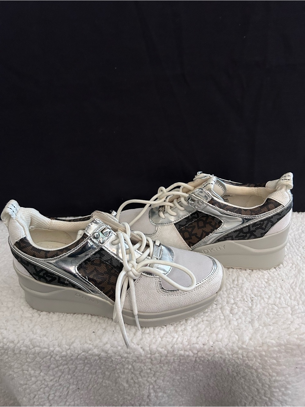 DKNY White Silver Brown Logo Platform Sneakers
